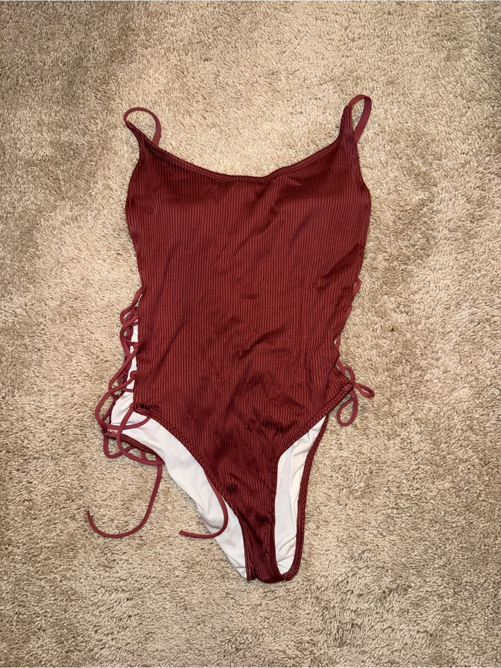 PINK Victoria Secret Maroon Ribbed One-Piece Swimsuit with Side Tie Details